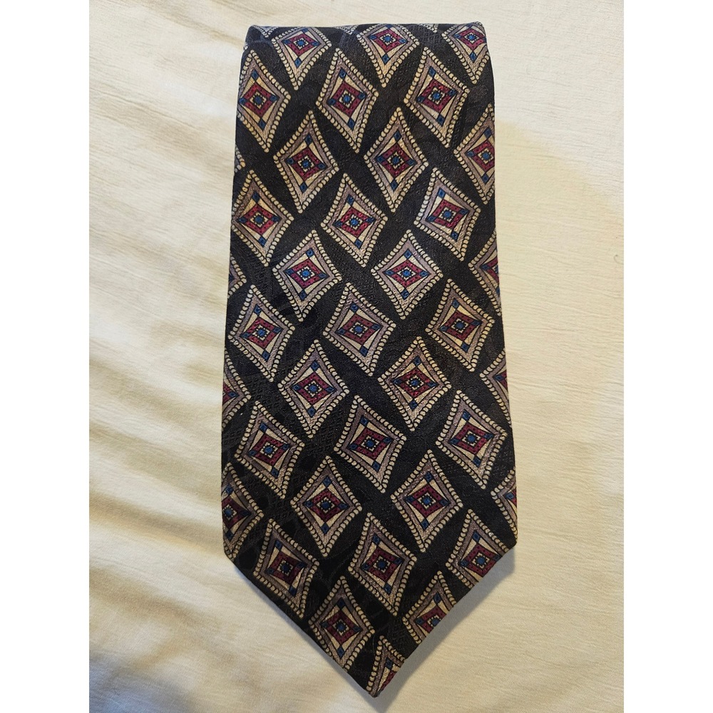 Ferrell Reed Satels Mens Silk Tie Geometric Diamond Hand Printed Italy Black Red